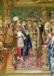 Die Geschichte des Königs, Audienz von Ludwig XIV. für den Grafen von Fuentes (Detail)